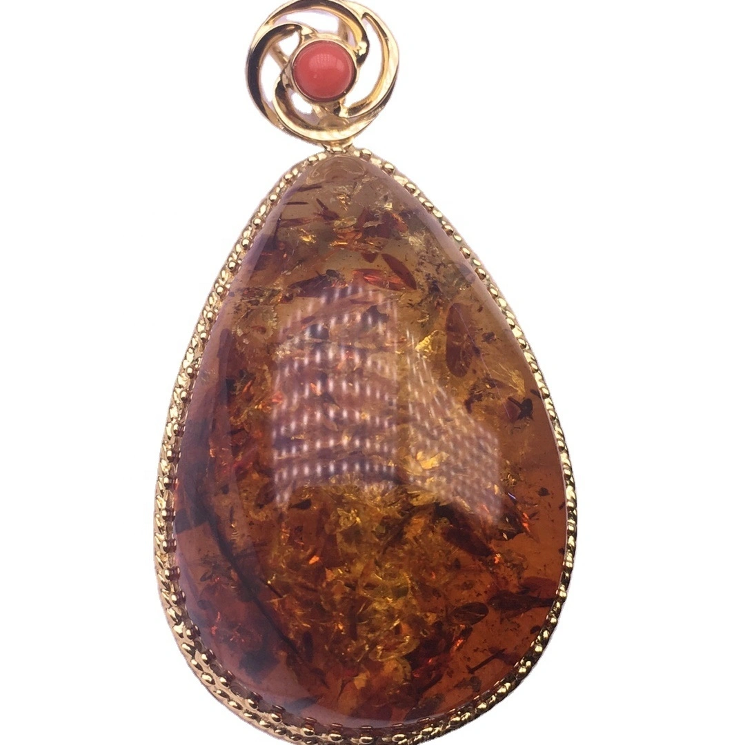 Rare red Baltic amber drop pendant.Amber drop pendant.Gold-plated pendant. 1