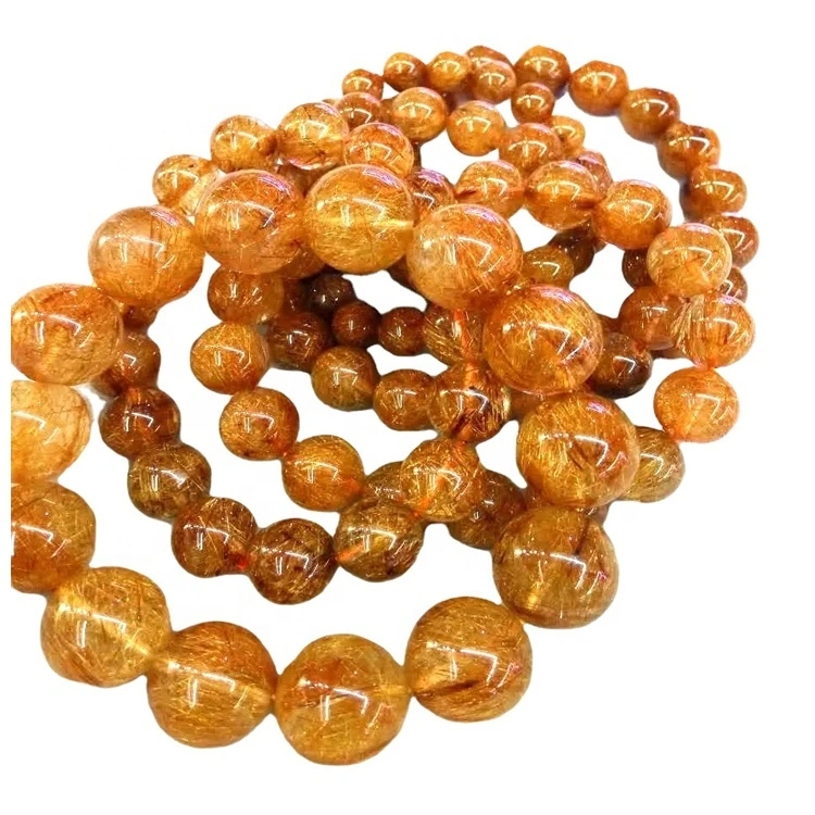 អង្កាំរាងមូលស្ពាន់ Rutilated Quartz ផលិតខ្សែដៃលក់ដុំគ្រឿងអលង្ការថ្មធម្មជាតិ 1