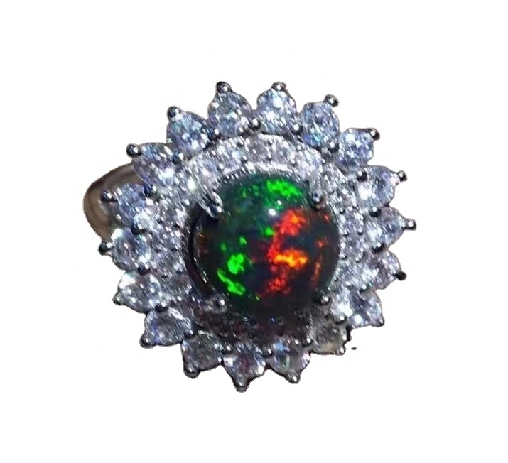 Ny peratra gémstone opal / 14k Diamond Diamond Opal Ring 925 Sterling volafotsy vita amin'ny tanana vita amin'ny tanana 1