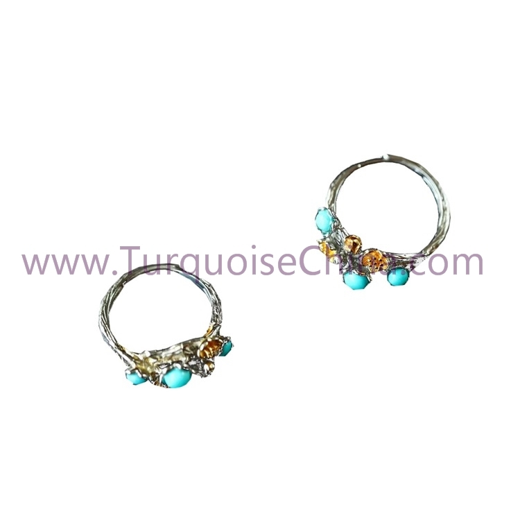925 Sterling Silver Cincin Bunga Indah dengan Batu Permata Turquoise Alami 1