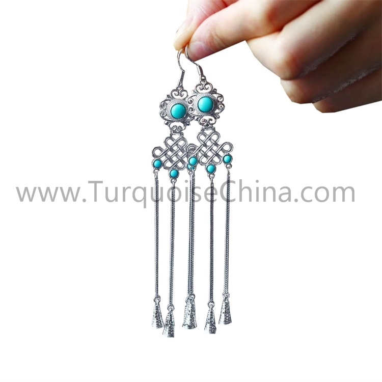 Turquoise جۇڭگو تەلەيلىك تۈگمە تاسېل دانگلېر 925 ستېرلىڭ كۈمۈش ھالقا 1