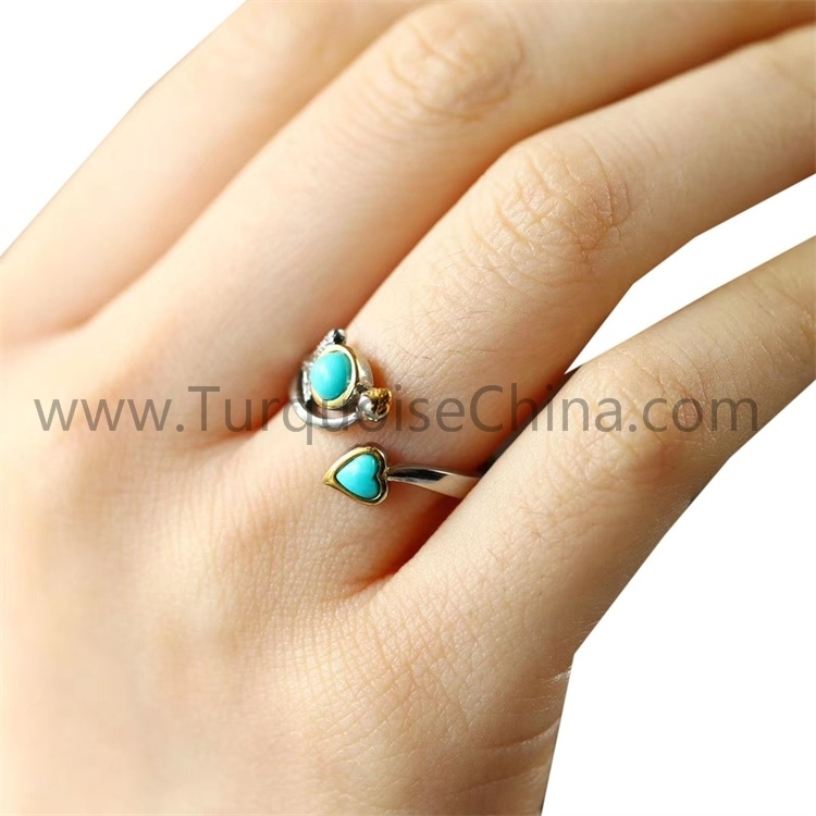 Turquoise 925 Sterling Silver Ring Woman’s Jewelry With Heart-shape And Round Cabochon 1