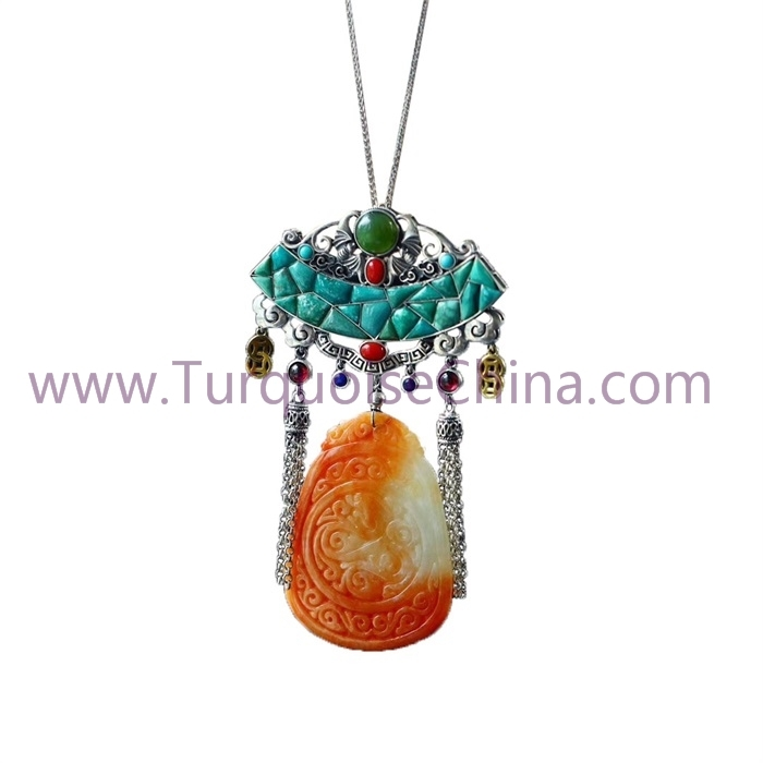 Huanglong Jade Diukir Naga Dan Cloud Ornamen Tibet Antik dengan Turquoise Pendant 1