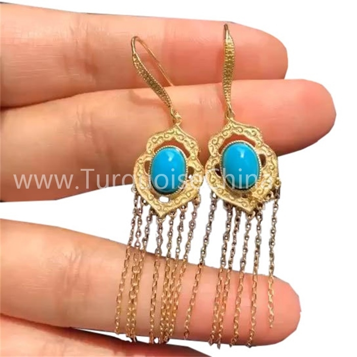 Oval Alami Turquoise Gemstone Dangling Gold Earrings 1