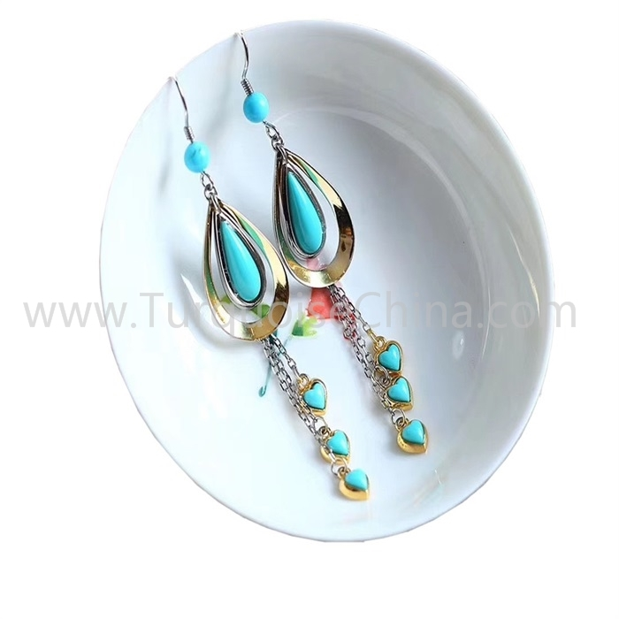 Pear da tsarin 'yan kunne zuciya tare da gaske turquoise Gemstone 1