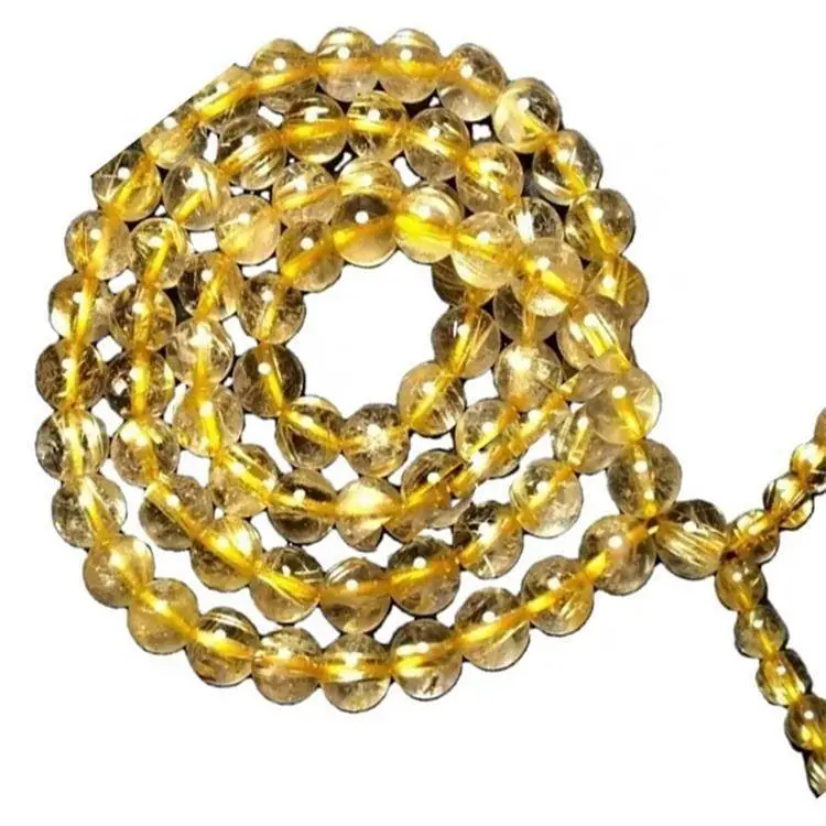 Perhiasan kalung manik-manik bulat batu permata Kuarsa Rutilated Emas 1