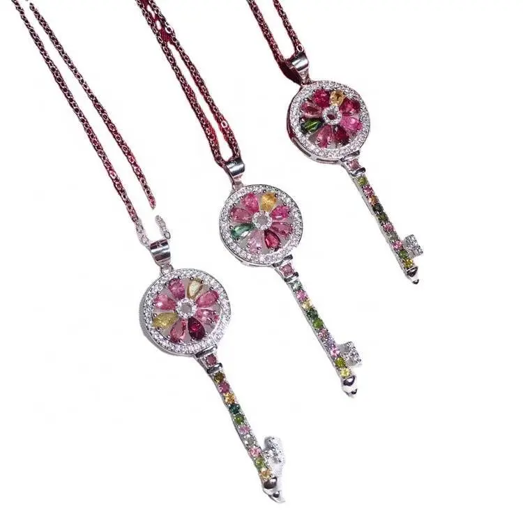 Atural hilaw nga berde ug pink nga tourmaline sa 925 Sterling SPOW PENTANT nga hilaw nga berde nga berde ug pink nga necklene crystal stickant 1
