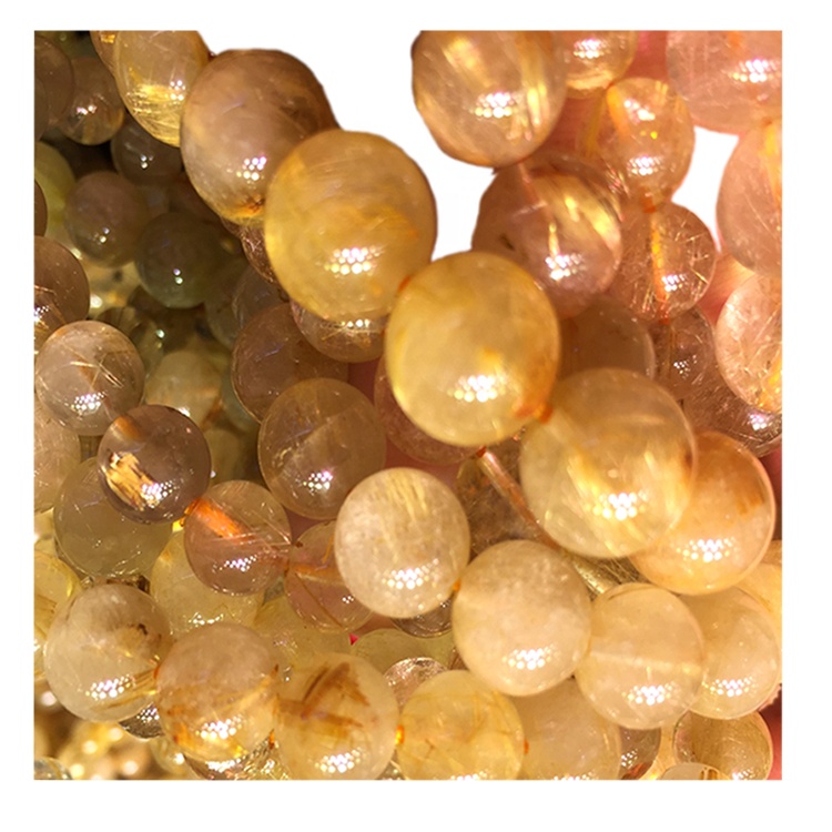Brasilía Golden Rutilated Quartz Gemstone Round Perlur Stretch Armband Unisex Skartgripir 29