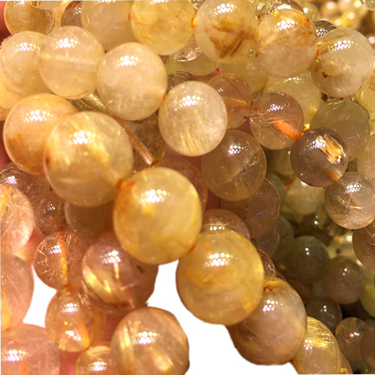 Brasilía Golden Rutilated Quartz Gemstone Round Perlur Stretch Armband Unisex Skartgripir 31