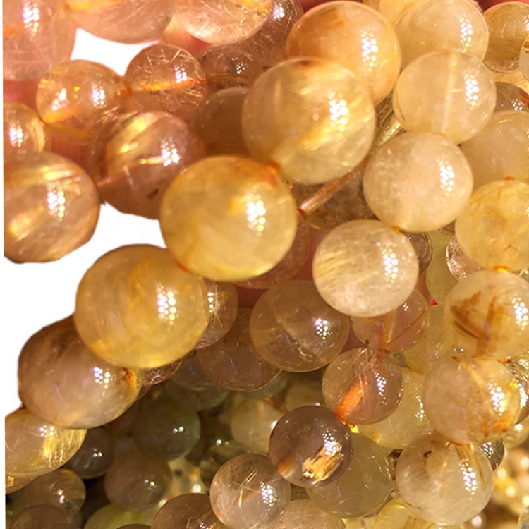 Brasilía Golden Rutilated Quartz Gemstone Round Perlur Stretch Armband Unisex Skartgripir 33