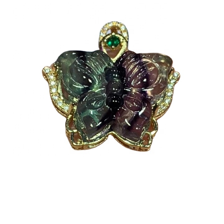 Asili ya kijani fluorite kuchonga butterfly kioo pendant. 7