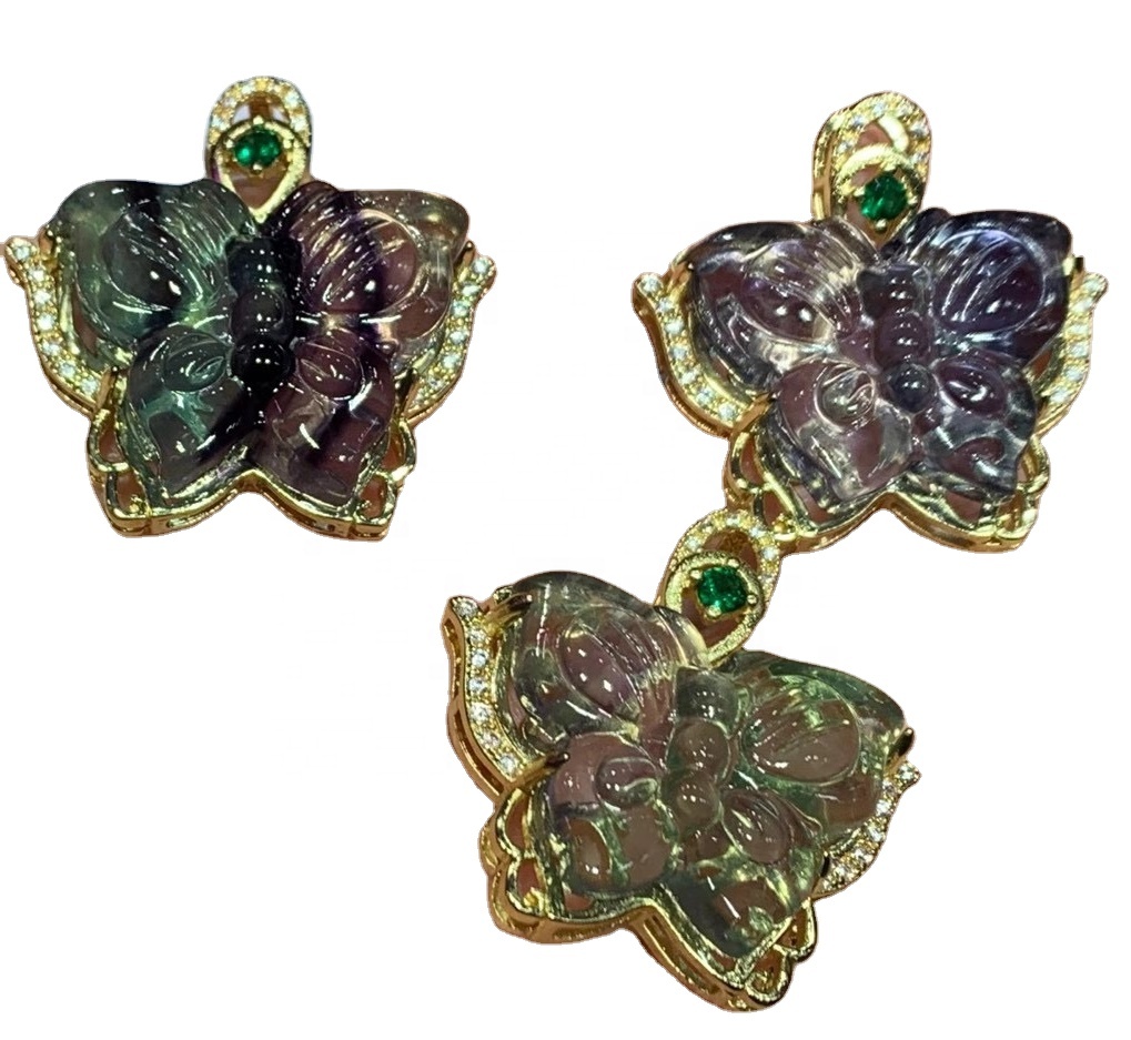Asili ya kijani fluorite kuchonga butterfly kioo pendant. 11