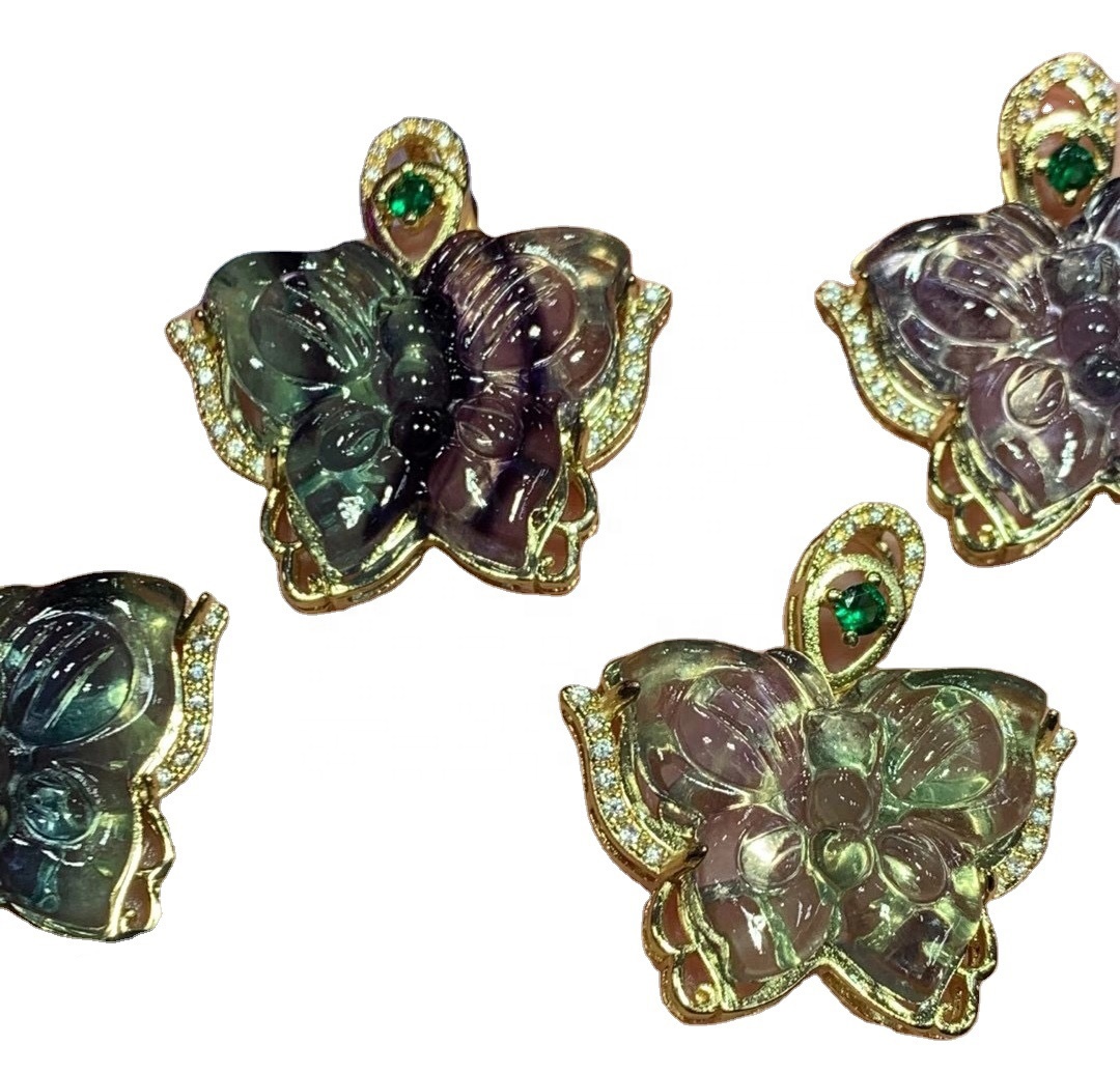 Asili ya kijani fluorite kuchonga butterfly kioo pendant. 13