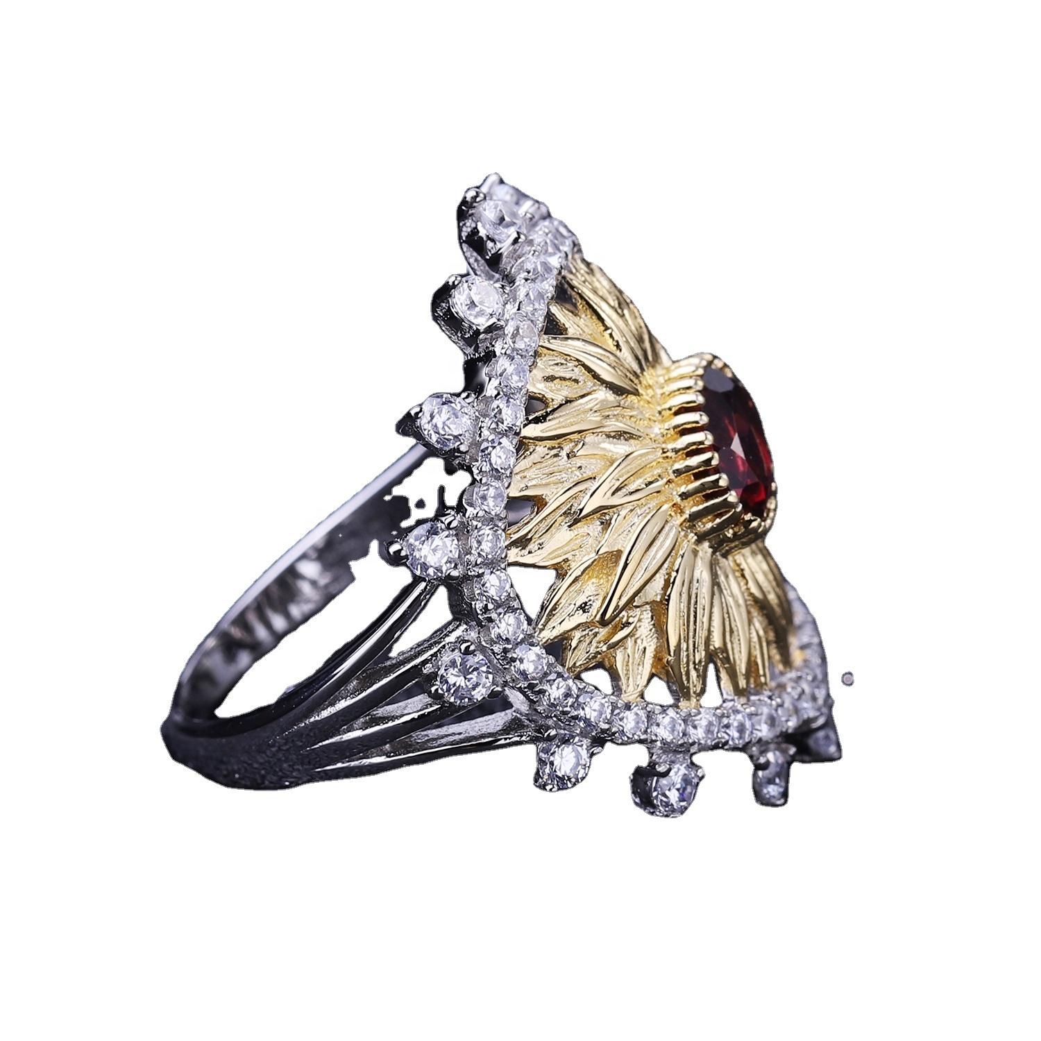 꽃과 같은 금 도금 루비 링 12