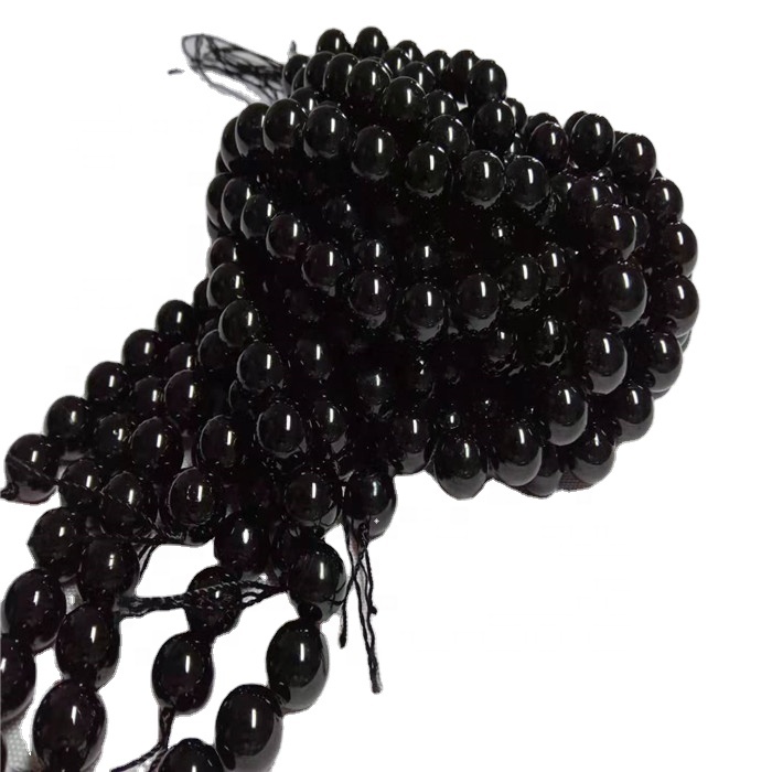 Natural Black Tourmaline Round Shape Perlur slétt Gemstone Strings 7