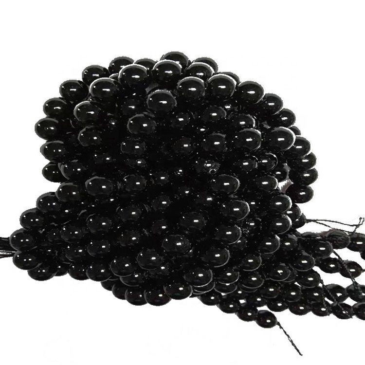 Natural Black Tourmaline Round Shape Perlur slétt Gemstone Strings 15