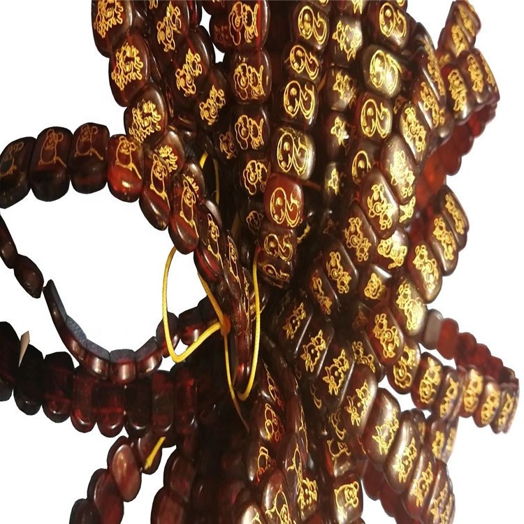 Natural Red Amber Zodiac Gullhúðuð Carving Squares Short String Skartgripir 37