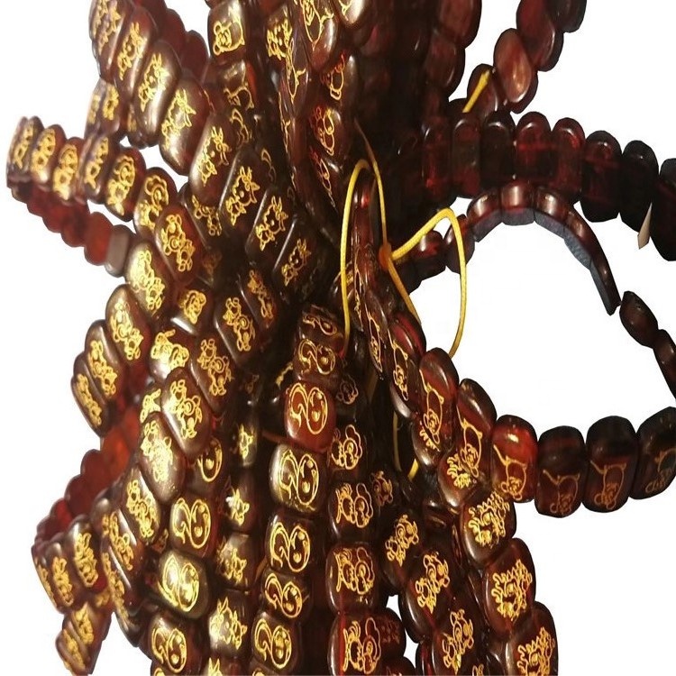 Natural Red Amber Zodiac Gullhúðuð Carving Squares Short String Skartgripir 41