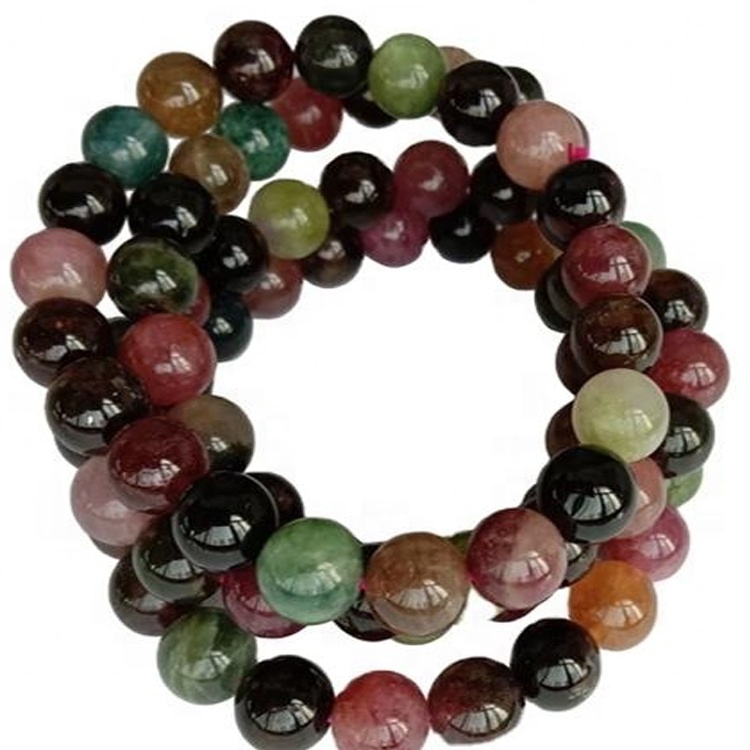 Heppinn náttúrulegur litríkur Tourmaline Armband Round Perlur Gemstone Skartgripir 31