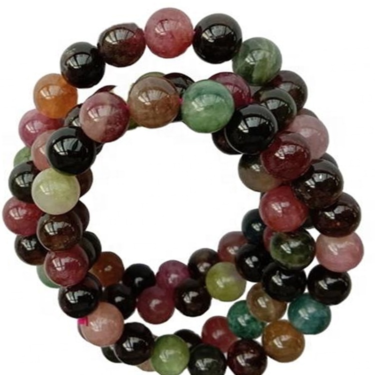 Heppinn náttúrulegur litríkur Tourmaline Armband Round Perlur Gemstone Skartgripir 37