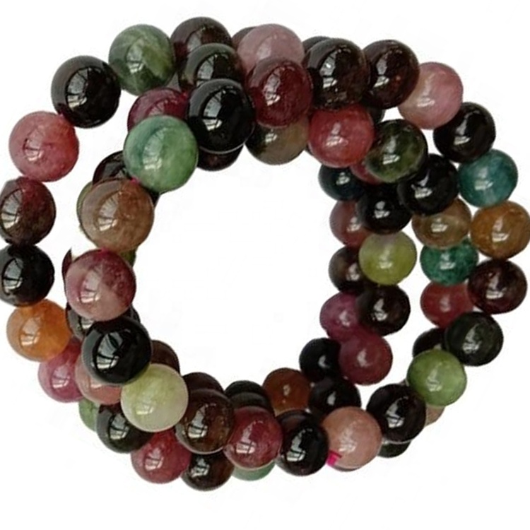 Heppinn náttúrulegur litríkur Tourmaline Armband Round Perlur Gemstone Skartgripir 35