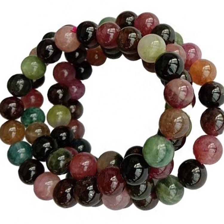 Heppinn náttúrulegur litríkur Tourmaline Armband Round Perlur Gemstone Skartgripir 39