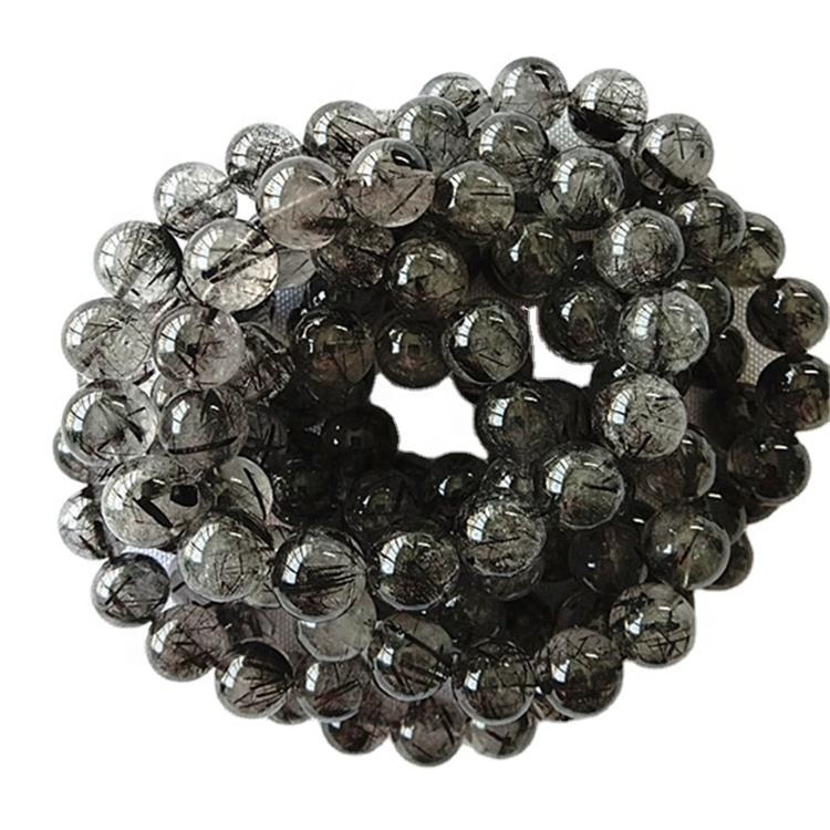 Náttúrulegt svart rútilað kvars Perlur í kringlótt form Slétt gimsteinsarmband 32