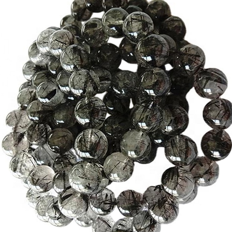Náttúrulegt svart rútilað kvars Perlur í kringlótt form Slétt gimsteinsarmband 34