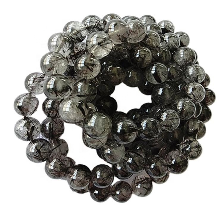 Náttúrulegt svart rútilað kvars Perlur í kringlótt form Slétt gimsteinsarmband 30