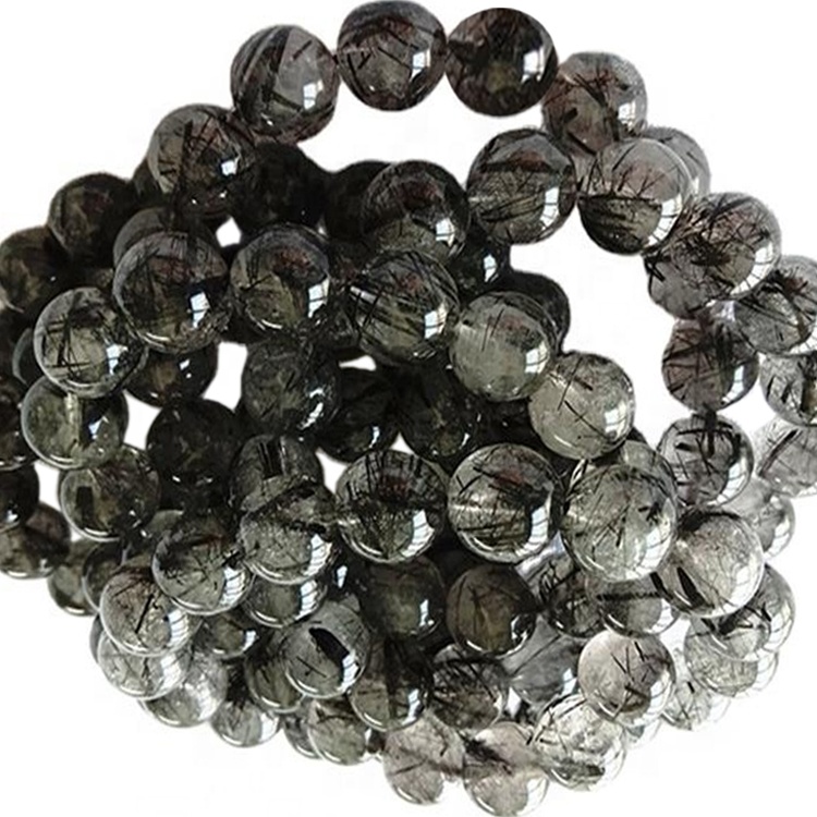 Náttúrulegt svart rútilað kvars Perlur í kringlótt form Slétt gimsteinsarmband 36