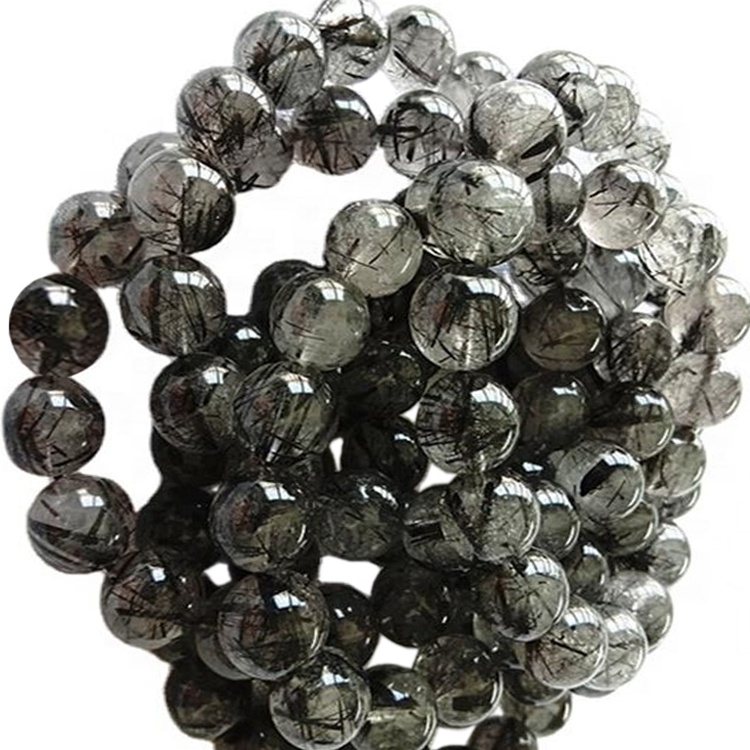 Náttúrulegt svart rútilað kvars Perlur í kringlótt form Slétt gimsteinsarmband 38