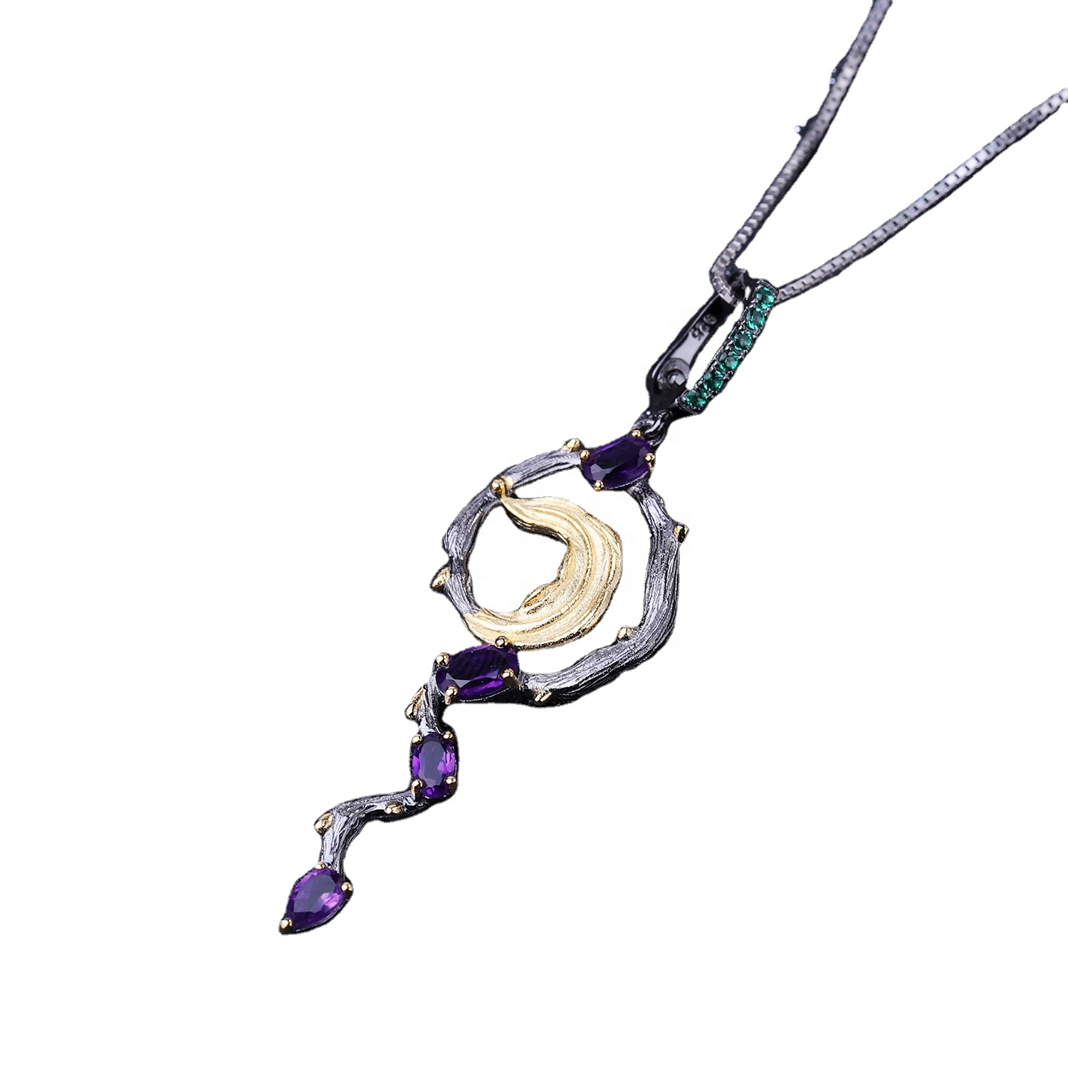 Księżyc Kształt Srebrny Pozłacany Turkusowy I Fioletowy Naszyjnik Ganet Wisiorek 7