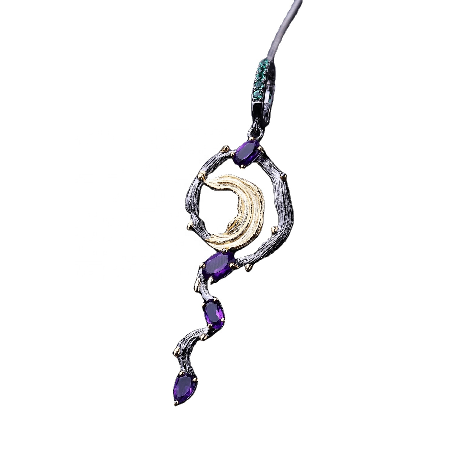 Księżyc Kształt Srebrny Pozłacany Turkusowy I Fioletowy Naszyjnik Ganet Wisiorek 9