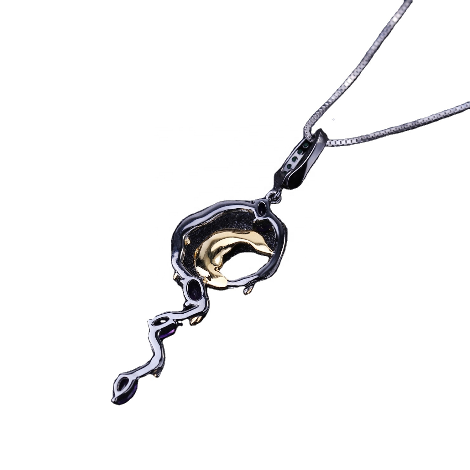 Księżyc Kształt Srebrny Pozłacany Turkusowy I Fioletowy Naszyjnik Ganet Wisiorek 13