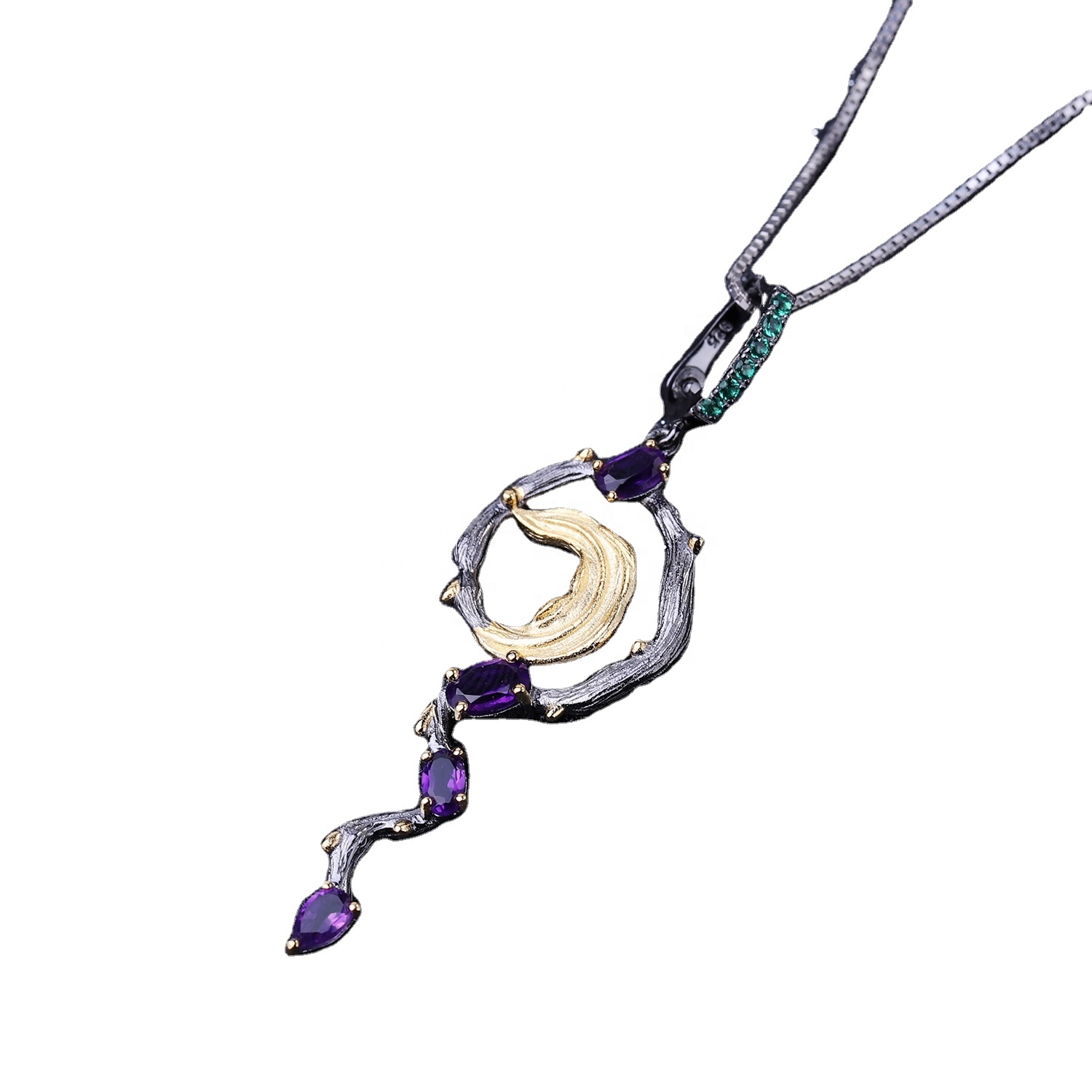 Księżyc Kształt Srebrny Pozłacany Turkusowy I Fioletowy Naszyjnik Ganet Wisiorek 15