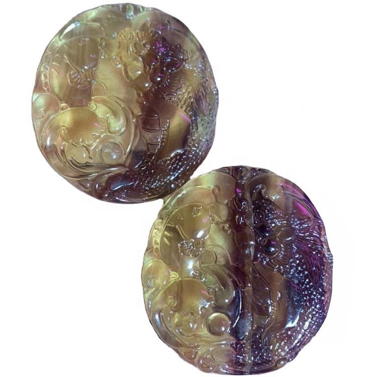 Флюорит резной круглой формы драгоценный камень / позолоченный подвесной / флюорит 37