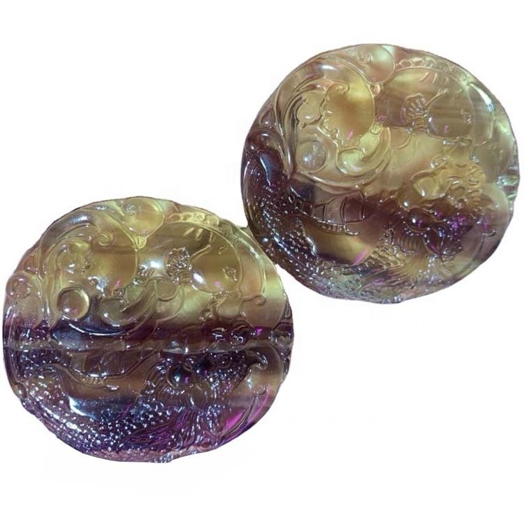 Флюорит резной круглой формы драгоценный камень / позолоченный подвесной / флюорит 39