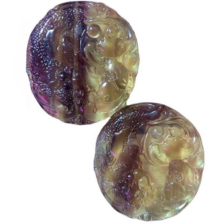 Флюорит резной круглой формы драгоценный камень / позолоченный подвесной / флюорит 41