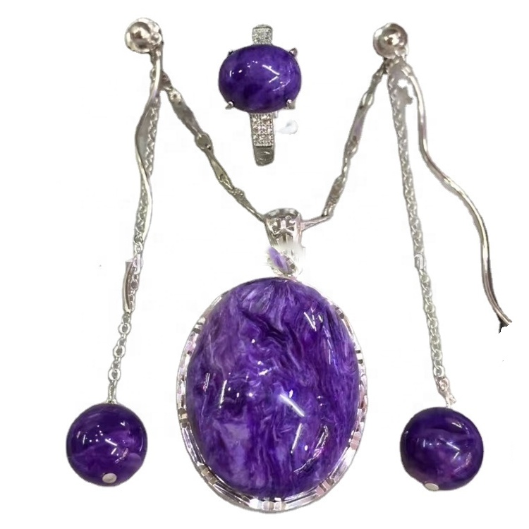 자연 보라색 Charoite 정품 보석 귀걸이 목걸이 반지 13