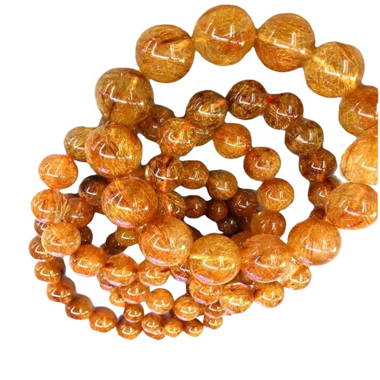 Bidh grìogagan cruinn Copper Rutilated Quartz a ’dèanamh seudaireachd cloiche nàdarra bracelet mòr-reic 34