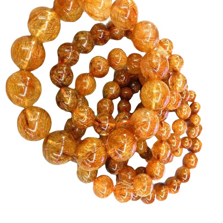 Bidh grìogagan cruinn Copper Rutilated Quartz a ’dèanamh seudaireachd cloiche nàdarra bracelet mòr-reic 32