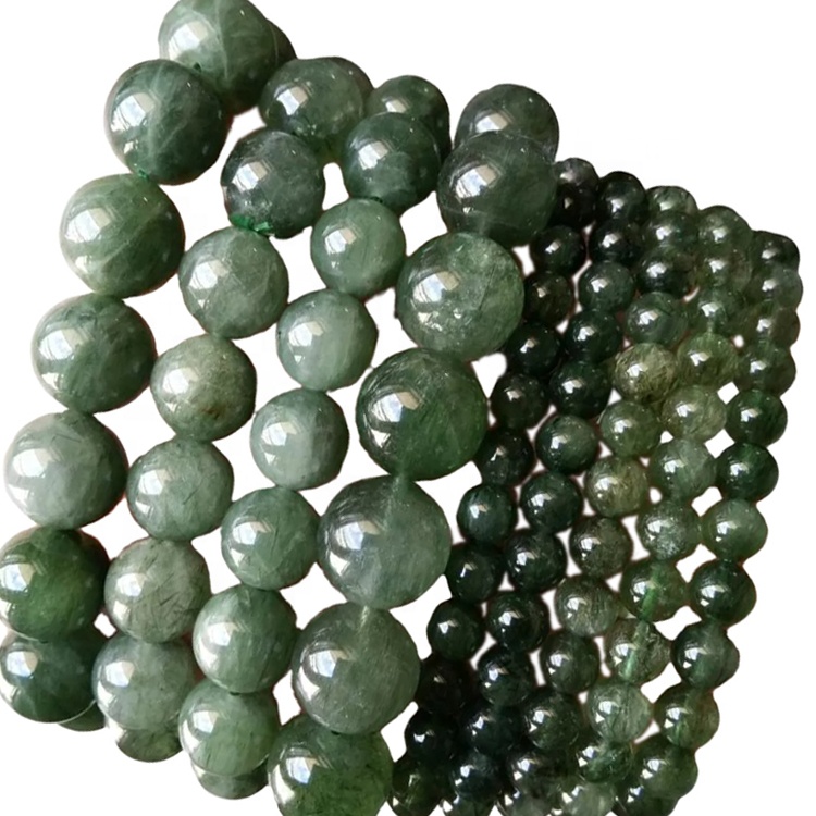 FANETED Круглай Shape Пацеркі Зялёны Rutilated кварцавыя бранзалеты наладжвальныя бранзалеты 30