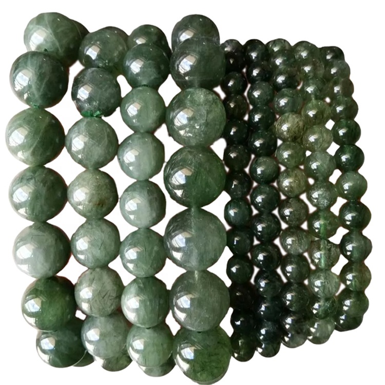 FANETED Круглай Shape Пацеркі Зялёны Rutilated кварцавыя бранзалеты наладжвальныя бранзалеты 36