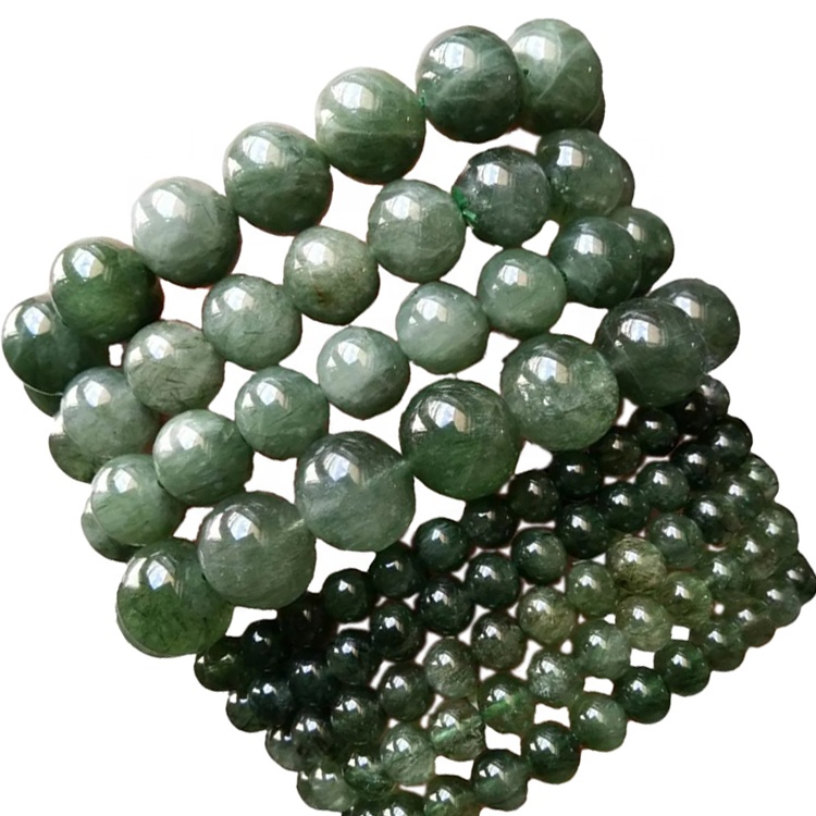 FANETED Круглай Shape Пацеркі Зялёны Rutilated кварцавыя бранзалеты наладжвальныя бранзалеты 32
