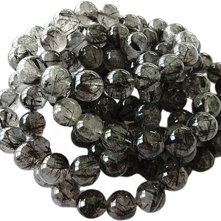 Природни црни рутилирани кварц Округлог облика Наруквица од глатког драгог камења 25