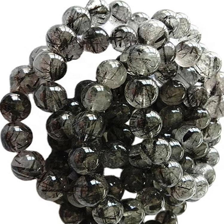 Природни црни рутилирани кварц Округлог облика Наруквица од глатког драгог камења 27