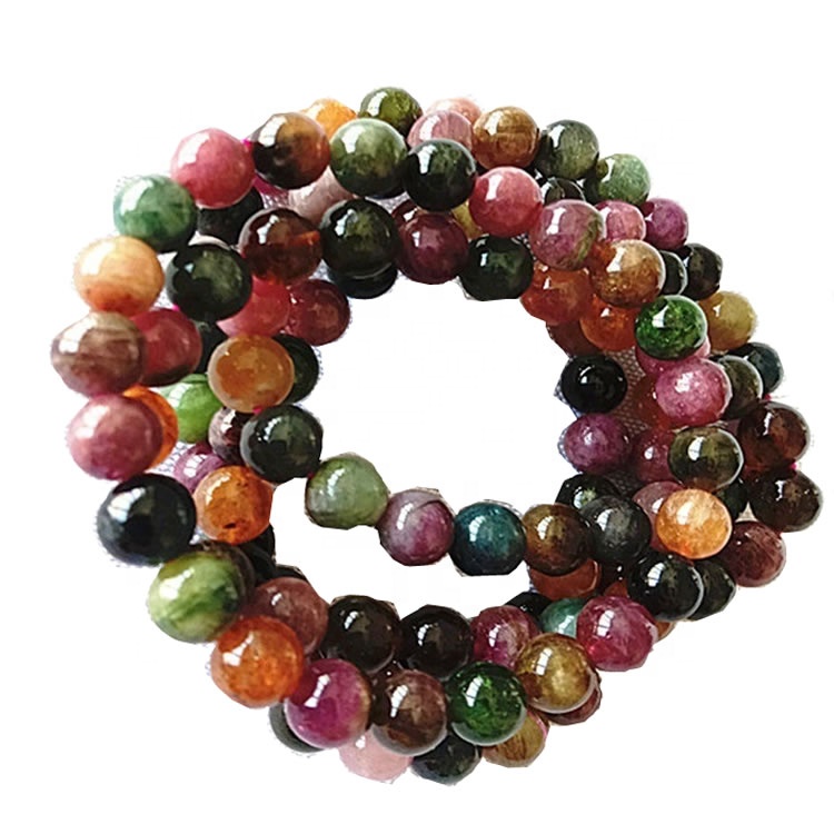 Natuurlike TourMaline3Amixed kleur ronde vorm krale glad en geel edelsteen armband 13