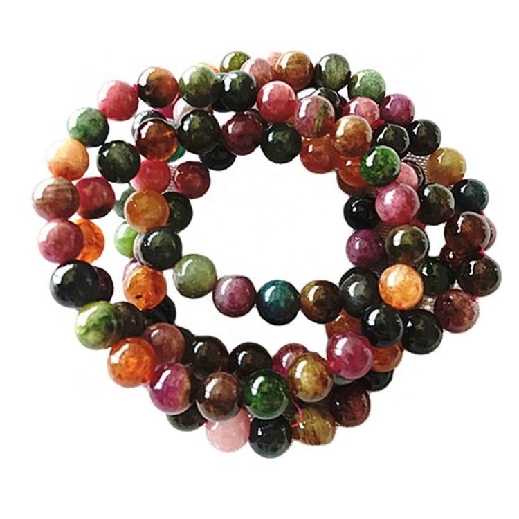 Natuurlike TourMaline3Amixed kleur ronde vorm krale glad en geel edelsteen armband 15