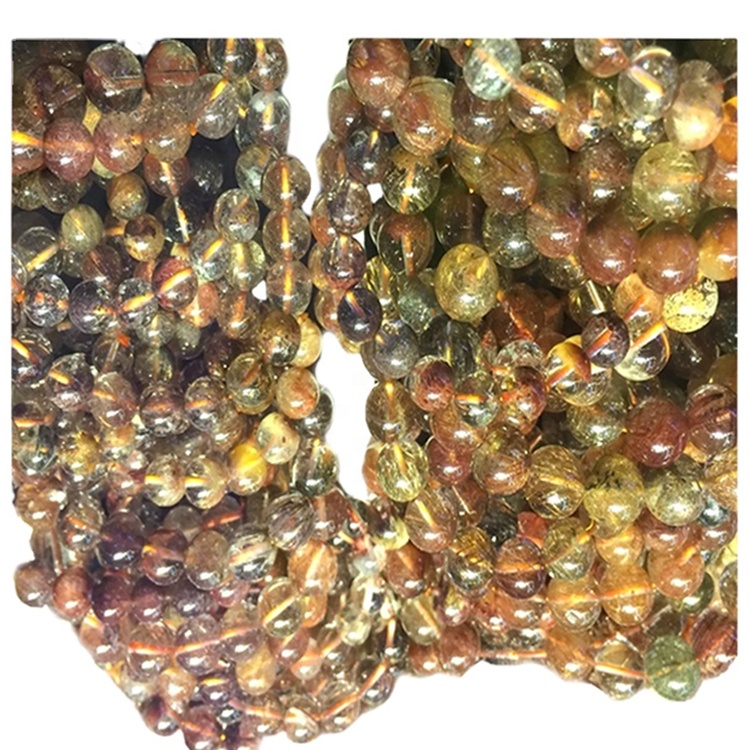 Színes Rutilated kvarc kerek sima kő gyöngyök természetes karkötő szabható aranyozott / ezüst karkötő 13