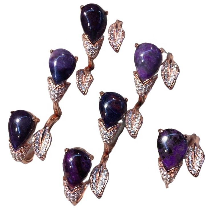 남성과 여성을위한 패션 18K 골드 천연 배 8x10mm 타원형 Charoite 돌 보석 반지 38